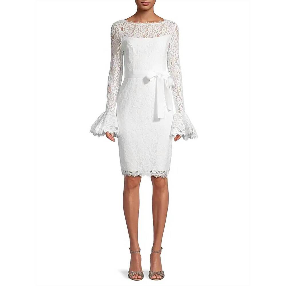 NEW NUE BY SHANI lace bell-sleeve sheath dress in ivory